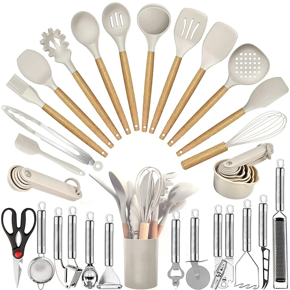 Hot selling smart kitchen tools gadgets accessories wooden handle silicone kitchen utensils set kitchen cooking utensils set