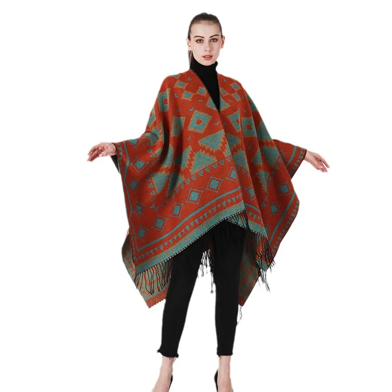 Wholesale Winter Women Solid Color Warm Wrap Scarf Cashmere Cardigan Cape Brushed Jacquard Poncho