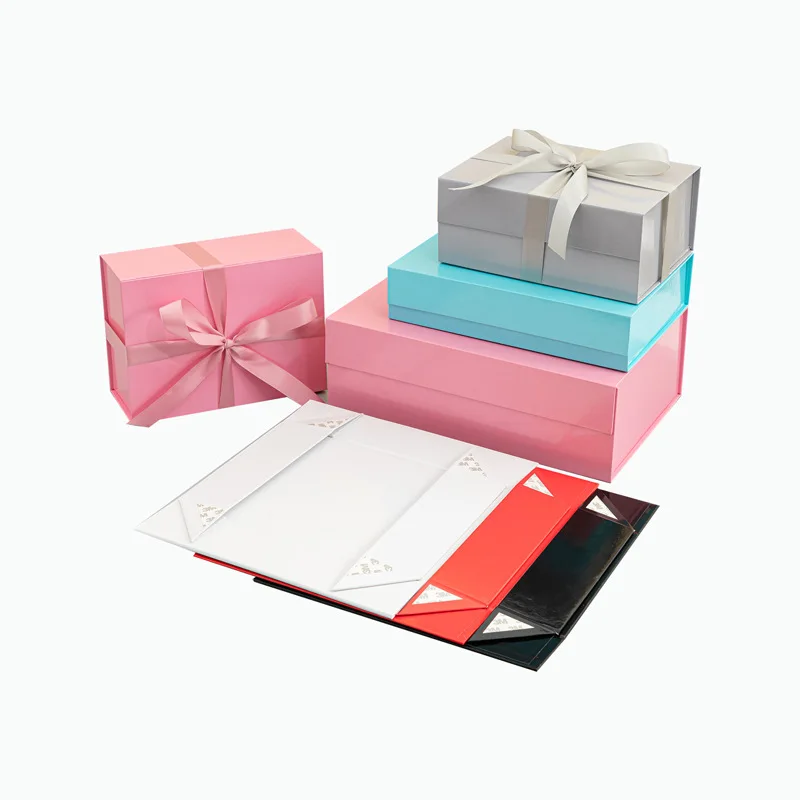 Custom gift packaging paper foldable magnetic gift box with ribbon closure