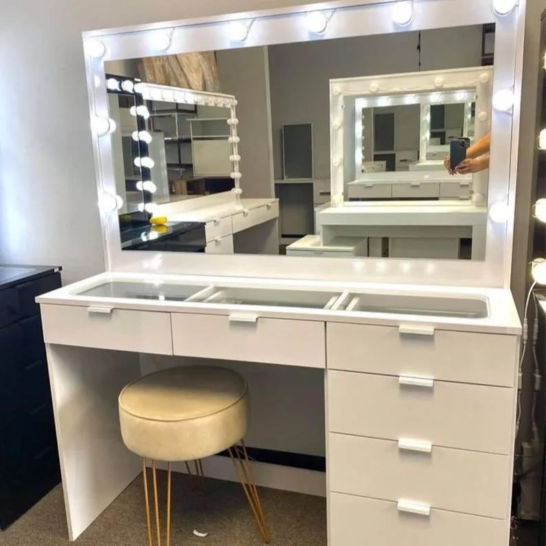Impressions Makeup Vanity Corner Desk With Chair Bedroom Vanity Dressing Table Mirror Ladies Vanity With Lights And Stool