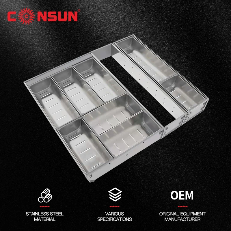 Food Grade Stainless Steel Kitchen  Cupboard Cutlery Tray Drawer Utensils Partition Freely Storage Pull Out Rack