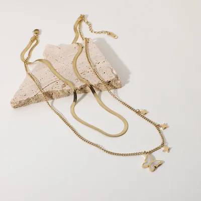 Простые Модные женские туфли в стиле 14 карат, позолоченный кулон в виде бабочки с двойным слоем нержавеющей стали ожерелье