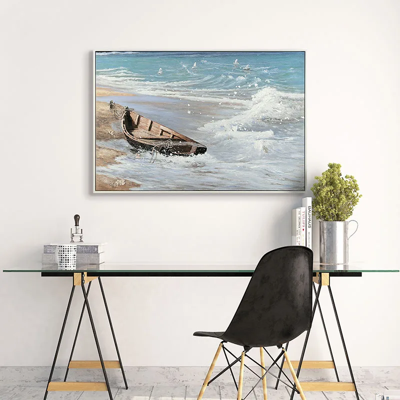 Paintings Of Boats On Beach Canvas With Floater Frame Home Decoration Seascape Paintings