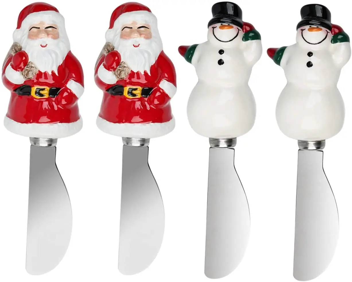 4 Piece Christmas Stainless Steel Butter Cheese Spreaders Santa Claus Snowman Design Handle  Condiment Knife Set
