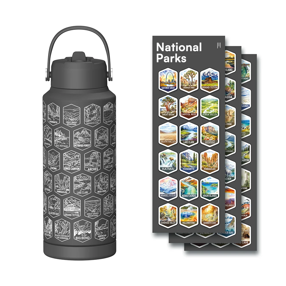32 oz Screen Printed Insulated Stainless Steel Vacuum Sealed Travel Water Bottle with Waterproof Stickers and Straw