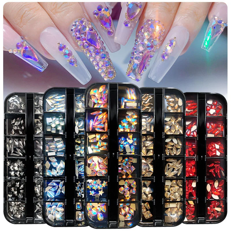 12 Grids Flat-bottom Glass Nail Art Rhinestones Mix AB Colors Diamond 3D DIY Manicure Decorations