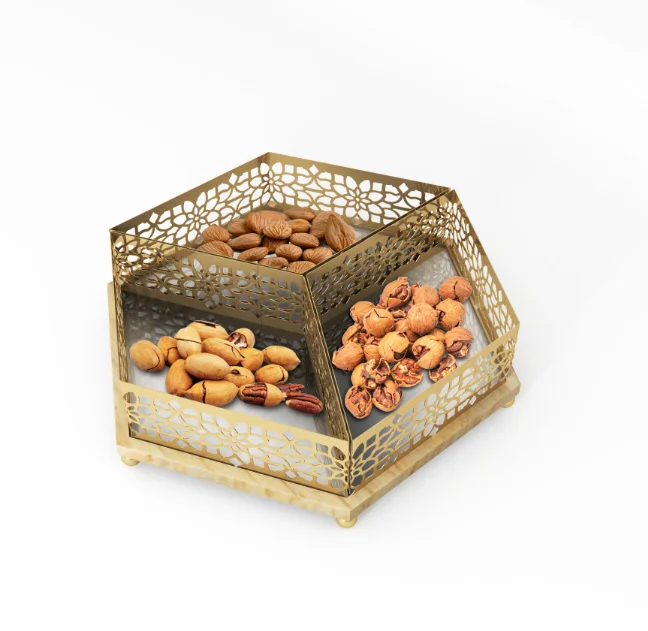 Ramadan Gold Hexagon Metal Wood Storage Tray with 3 Grids for Living Room Kitchen