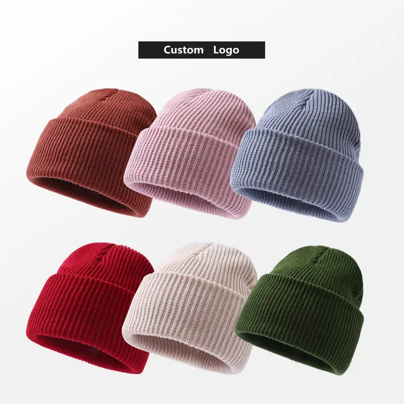 Wholesale  promotional Custom Winter Warm Hat Solid Color Cable Knit Skull Caps cuff beanie