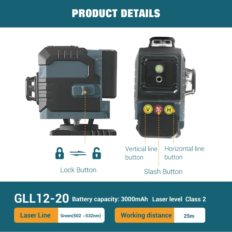 GRANDFAR 3*360 self leveling professional Measuring Tools 12 Lines 83ft Rotary Laser Level 4D Cordless Green Laser Level