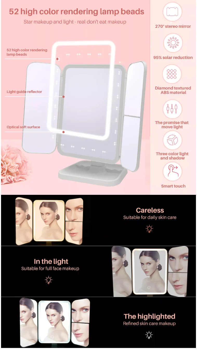 desk lamp three-sided folding touch sensor 180 degree rotating vanity magnifying wall mounted led foldable make up mirror