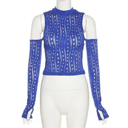 A03685C Puss Y2K Sexy Hollow See Through Crop Top Women Long Sleeve T-Shirt Autumn Wild Casual Streetwear Stretch Skinny Tee