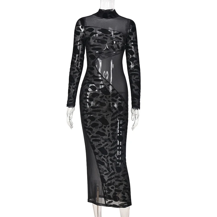 2021 Women Fall Seductive Club Wear Black Patchwork Flocking Mock Neck Long Sleeve Perspective Bodycon Maxi Dress
