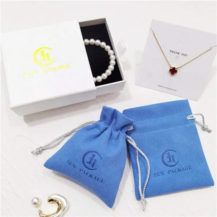 Cardboard Paper Jewelry Gift Packaging Box & Microfiber Jewelry Pouch with Jewellery Display Cards CH Custom Logo Luxury Bags