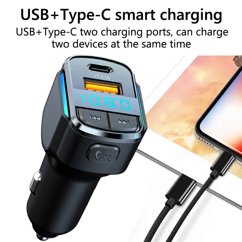 Blue Light Usb Type C Fast Charging Wireless Handsfree Bt Car Kit Fm Transmitter Usb C Car Mp3 Player