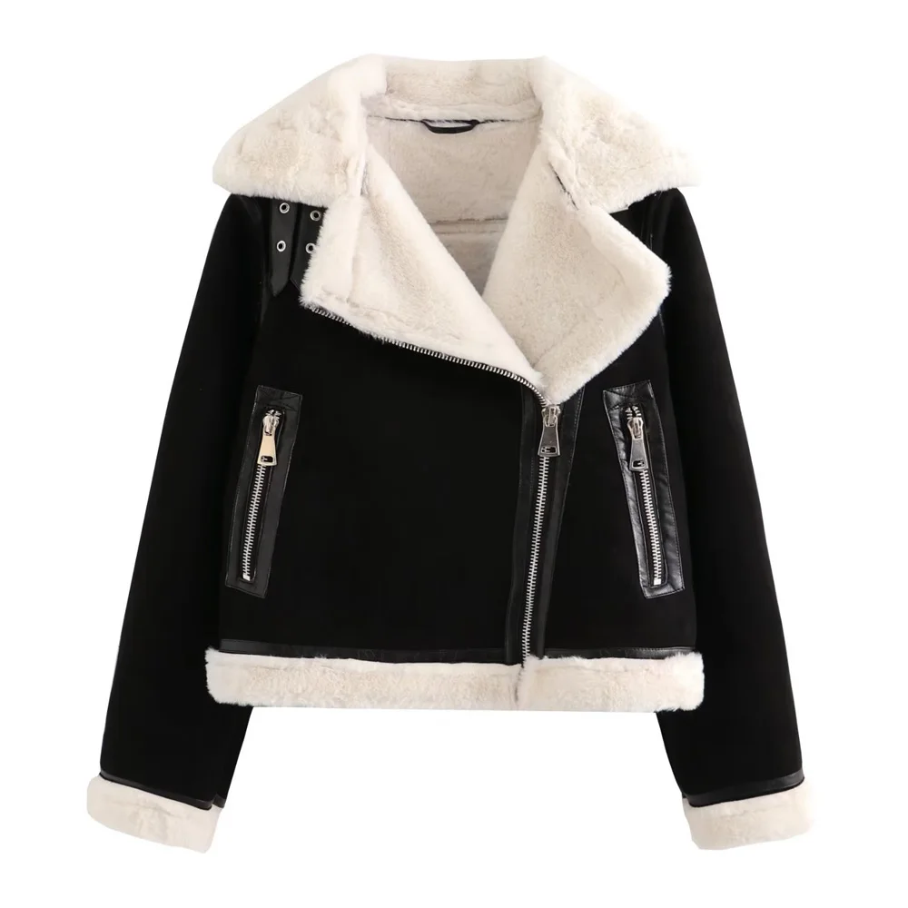 R30230S New Winter Moto Biker Short Sheepskin Coat Women Faux Lamb Leather Fur Jacket Fashion Lapel Zipper Thick Warm Outwear