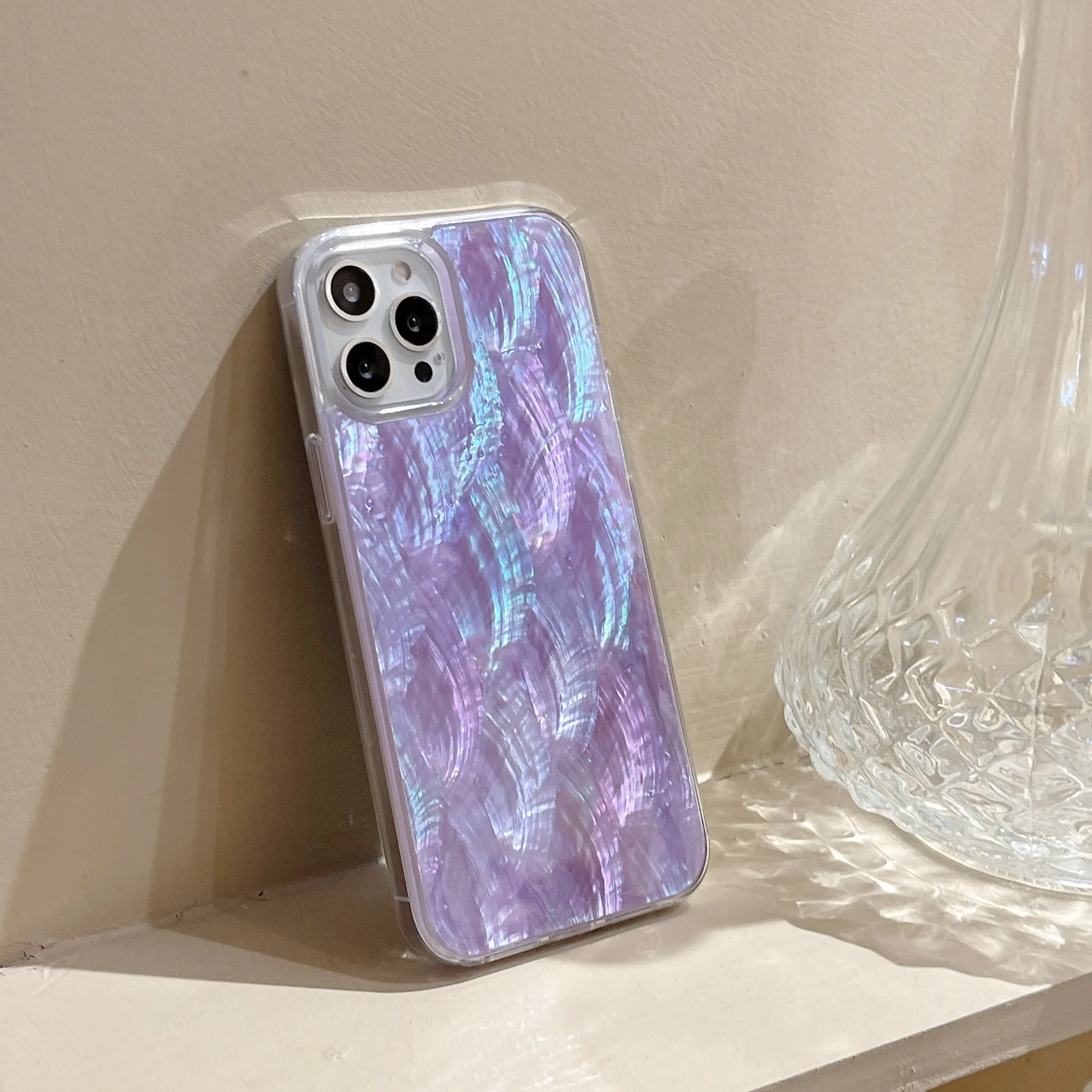 Hot Sale Fashion Natural Purple Shell Phone Case with Pearl Chain for iPhone 14 Girls Luxury Cover for iPhone 13 12 11 X XR XS