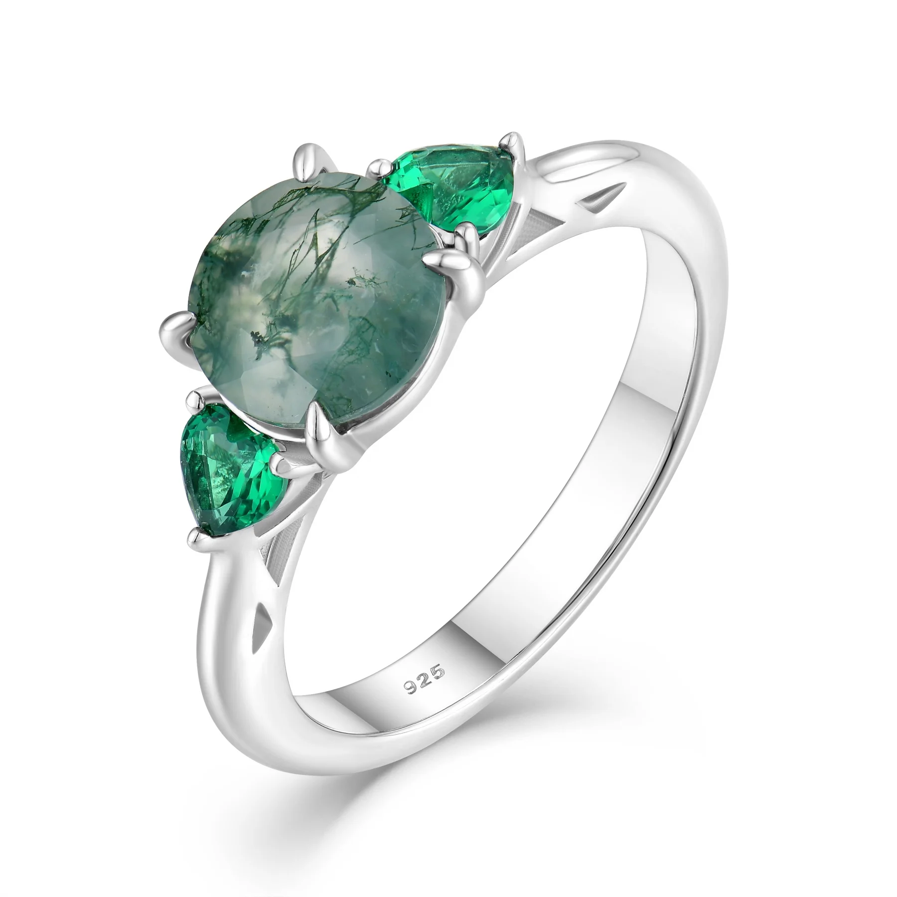 Fine Jewelry Rings Oval Natural Green Round Shape Moss Agate Gemstone Women 925 Sterling Silver Ring for Valentines Jewelry Gift