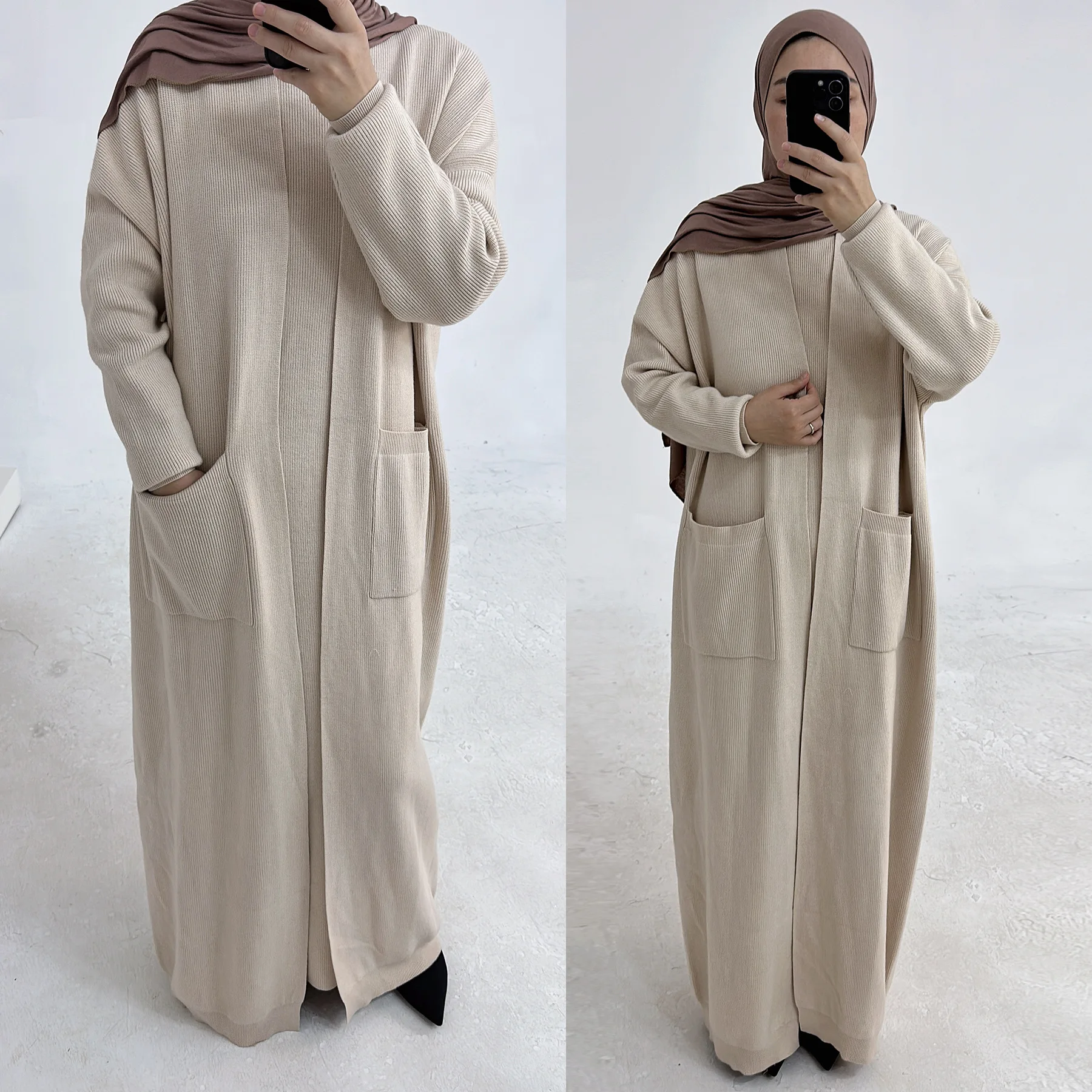 Sharut Dubai Modest Islamic Luxury Winter Turkish Modest Abaya Muslim Women Knitted Wool Sweater Coat with Inner Dress Abaya Set