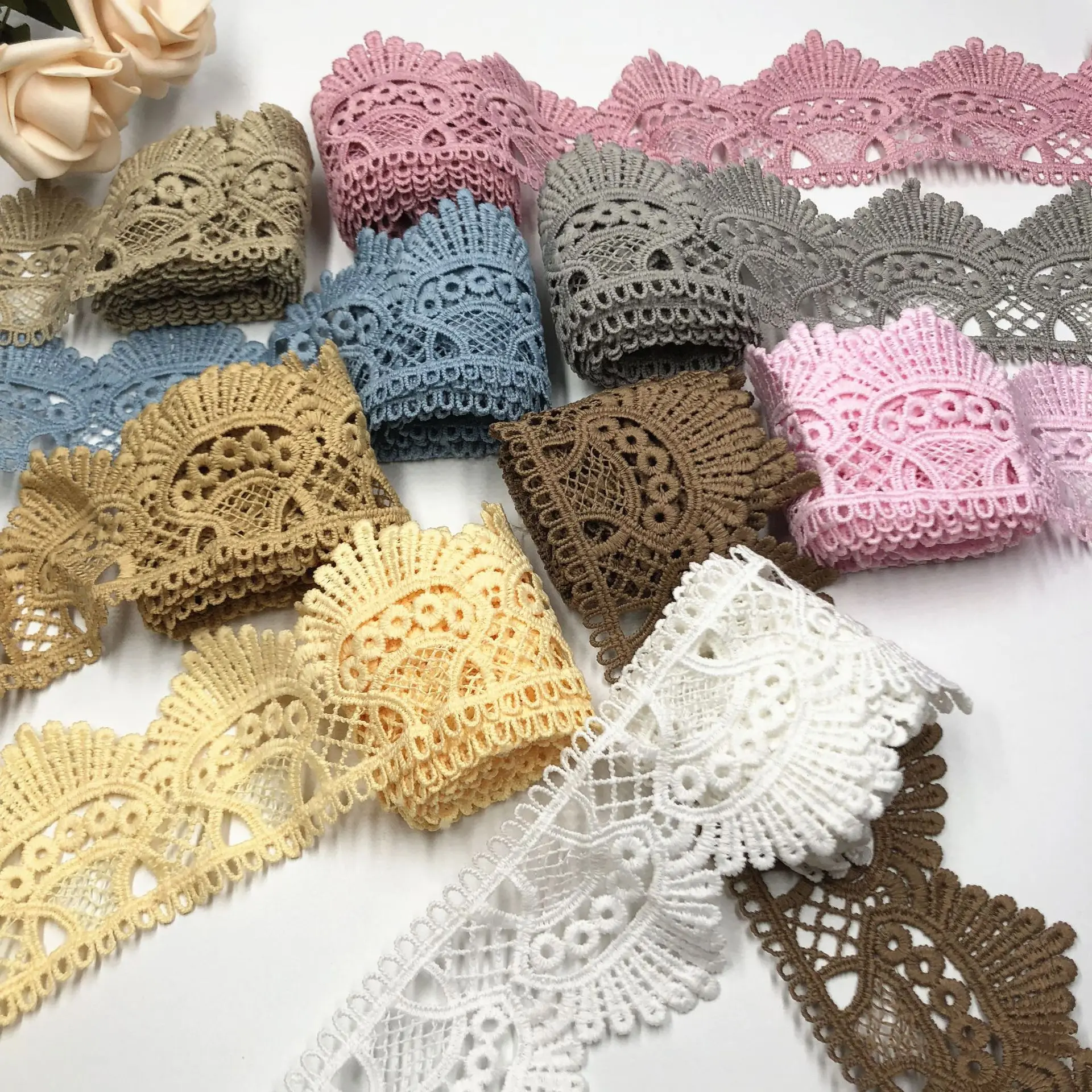 6.5cm Colorful  Lace Trim Sewing Crochet Ribbon Vintage Assorted Eyelet Lace Ribbons Roll for DIY  Dollies Dress Wedding Crafts