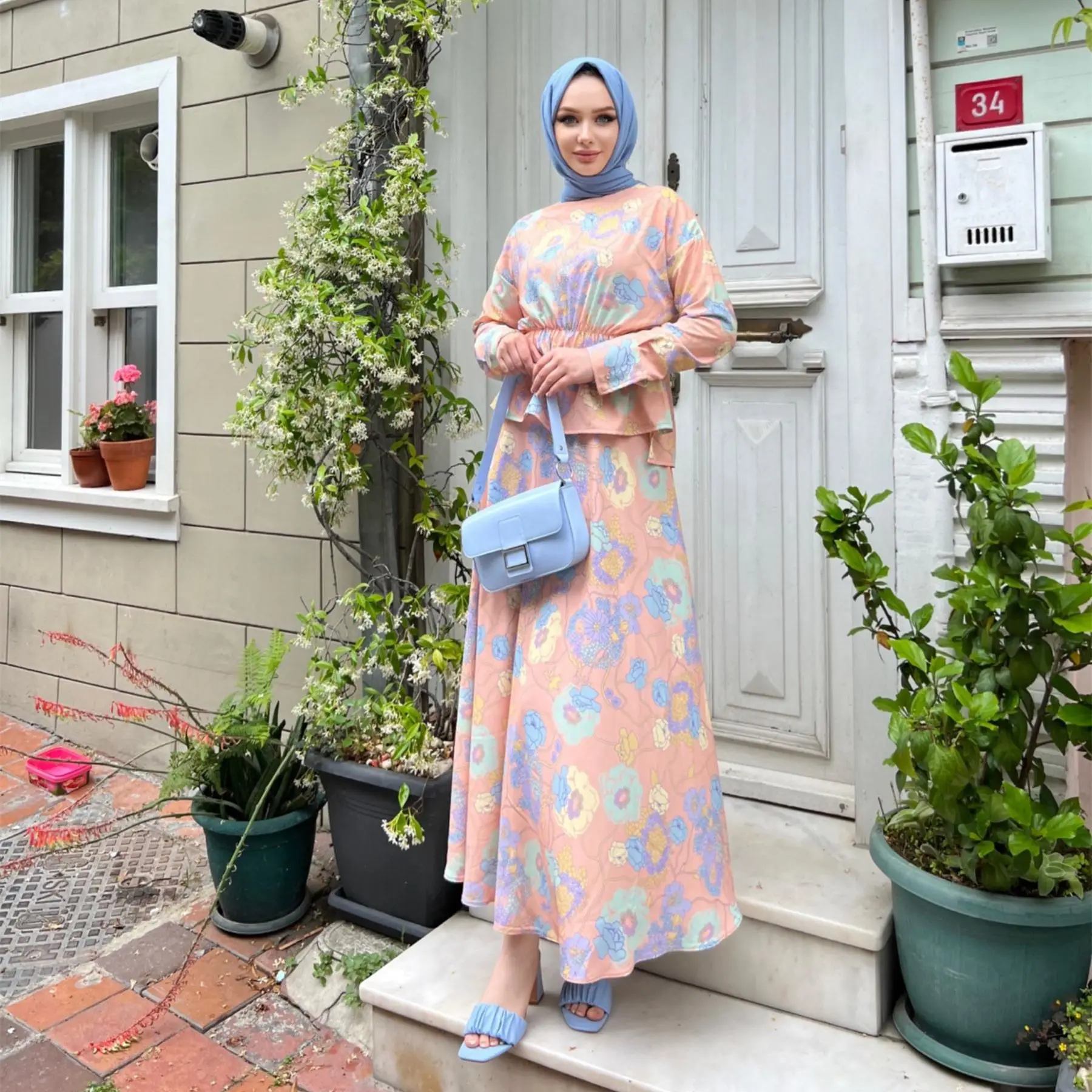 Women Modest Set Abaya Muslim Floral Printed Long Sleeve Blouse Loose Skirt 2 Piece Suit