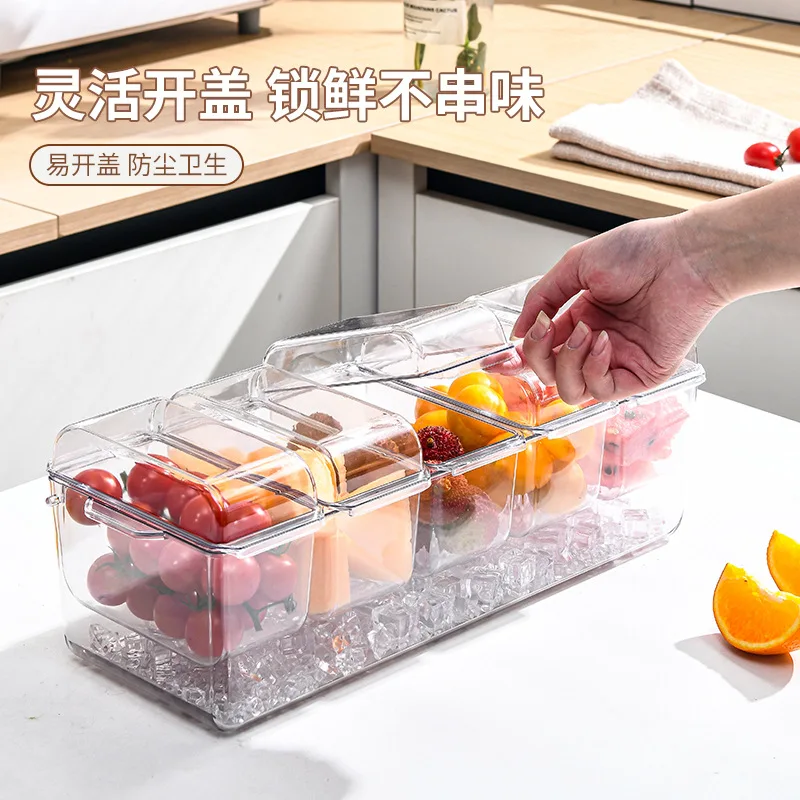 Plastic Clear Fruit Condiment Servers Ice Chilled Serving Ice Tray Acrylic Ice Chilled Condiment Caddy with 5 Containers