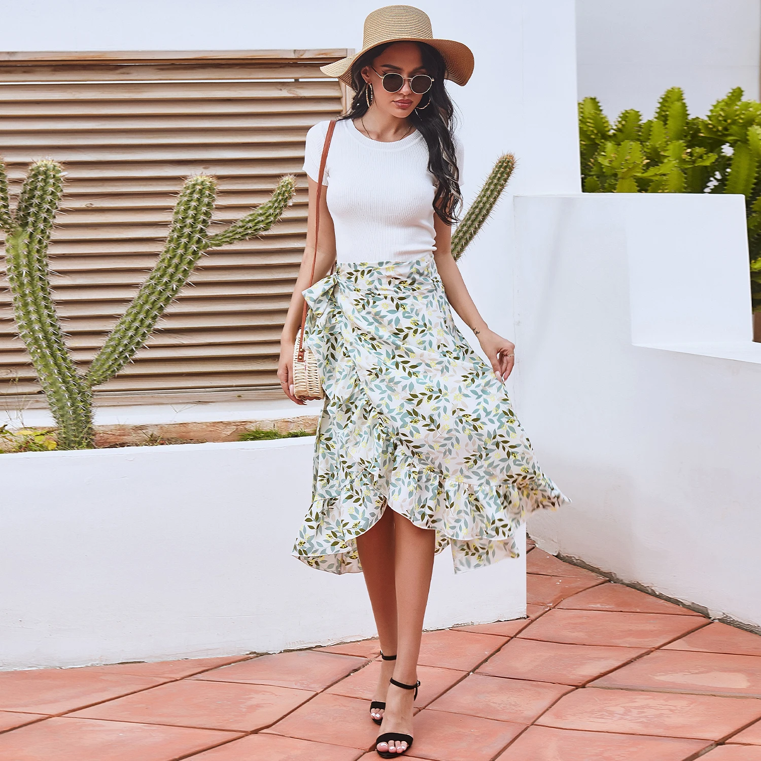 
2021 spring flower cotton wrap skirt floral summer assymmetrical skirt women maxi skirt 