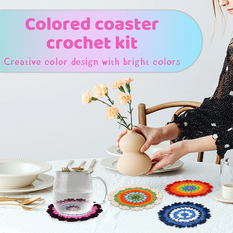Beginner Crochet Starter Kit for Complete Beginners Adults Fun Soft Decorative Colorful flower coasters DIY Crochet Coaster sets