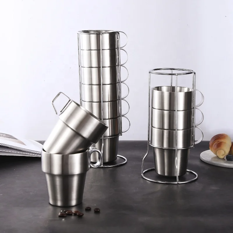 Custom Reusable double wall with handle  Stainless Steel Coffee cups