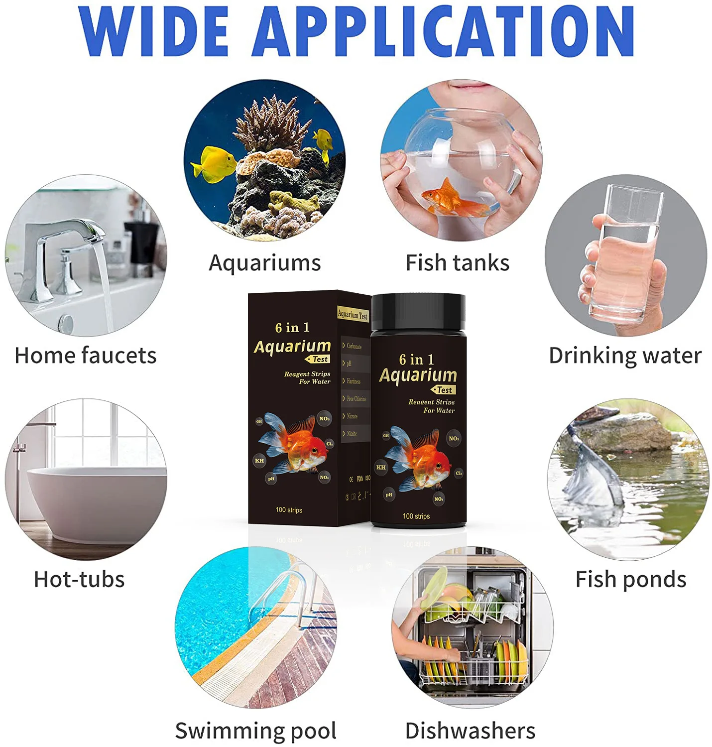 6-in-1 Aquarium Water Analysis Test Strips Plastic pH Hardness Chlorine Nitrite Test for 5L Fish Tank