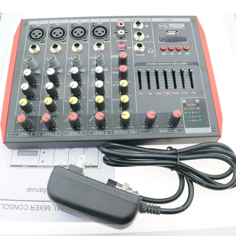 Pro MG6 6 Microphone Input Channel Professional Sound Audio Stage Home Studio Live Mixng Wireless EQ USB 48V Console Mixer