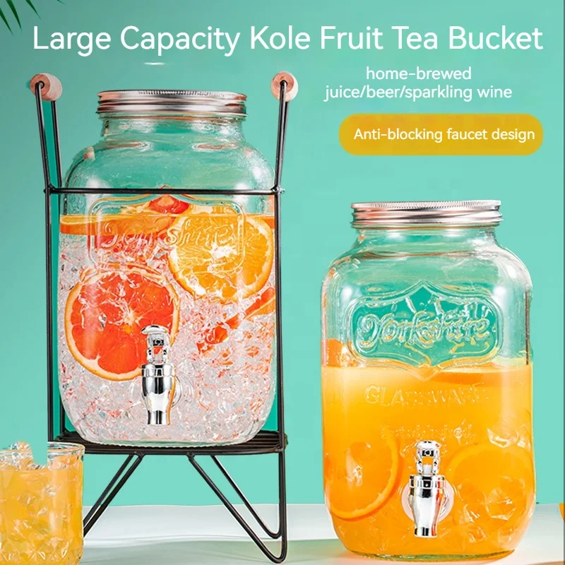 Transparent Glass Cola Barrel Container Cold Drink Juice Barrel Wine Barrel with Faucet Bubble Wine Bottle Jar