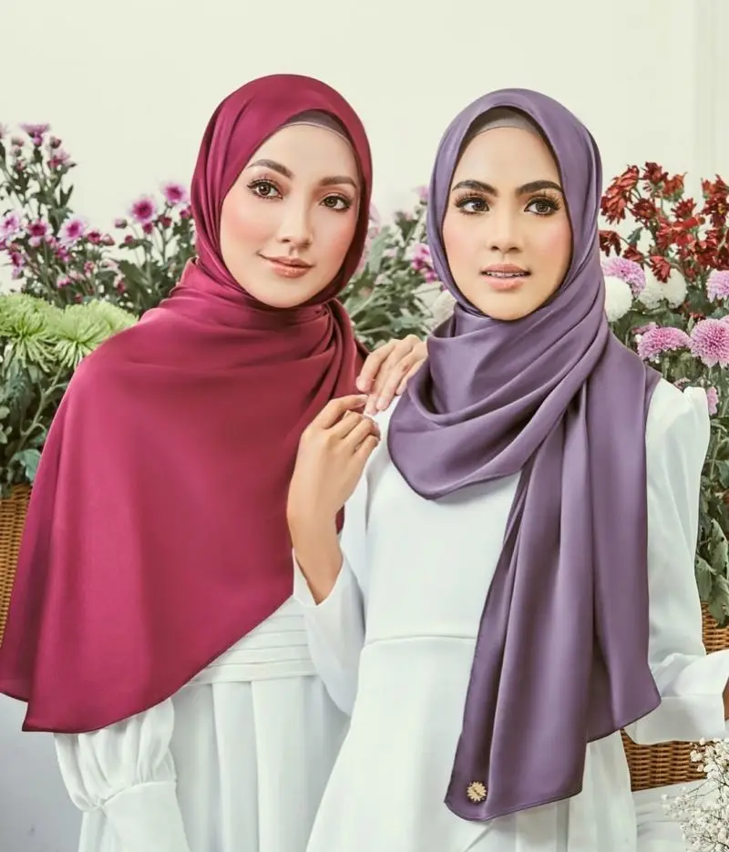 Wholesale High Quality Silk Satin Scarf Long Muslim Women Solid color hijab Malaysia Satin Turban