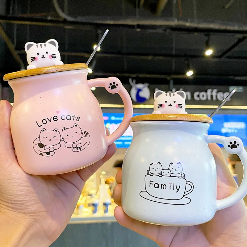 Cute Cat Ceramic Mug with 3D Cat Wooden Lid and Spoon New Design 350ml Couple Cartoon Cats Milk Cup for Women Girls Kids