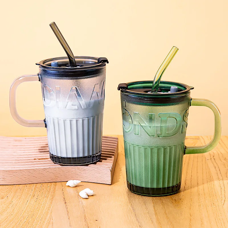 432ml Superior Quality Embossed Portable Stripe Simple Letter Juice Milk Drink Straw Glass Coffee Cup