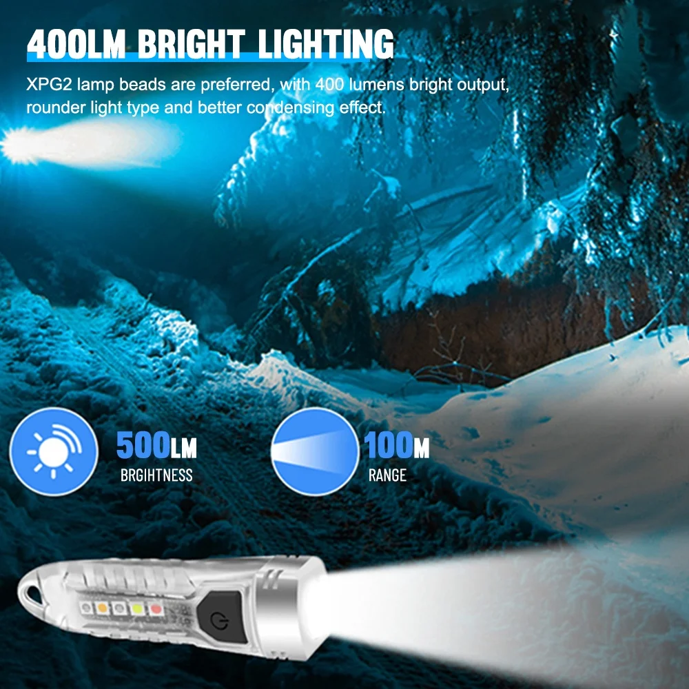 Mini keychain flashlight 12 modes rechargeable waterproof portable edc flash light 400 lumens keyring torch with yellow uv light