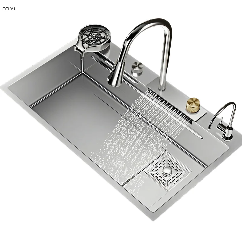 Discount Luxury Anti Scratch LED Digital Display Waterfall Kitchen Sink Silver Carton Box Stainless Steel Muller Modern Brushed