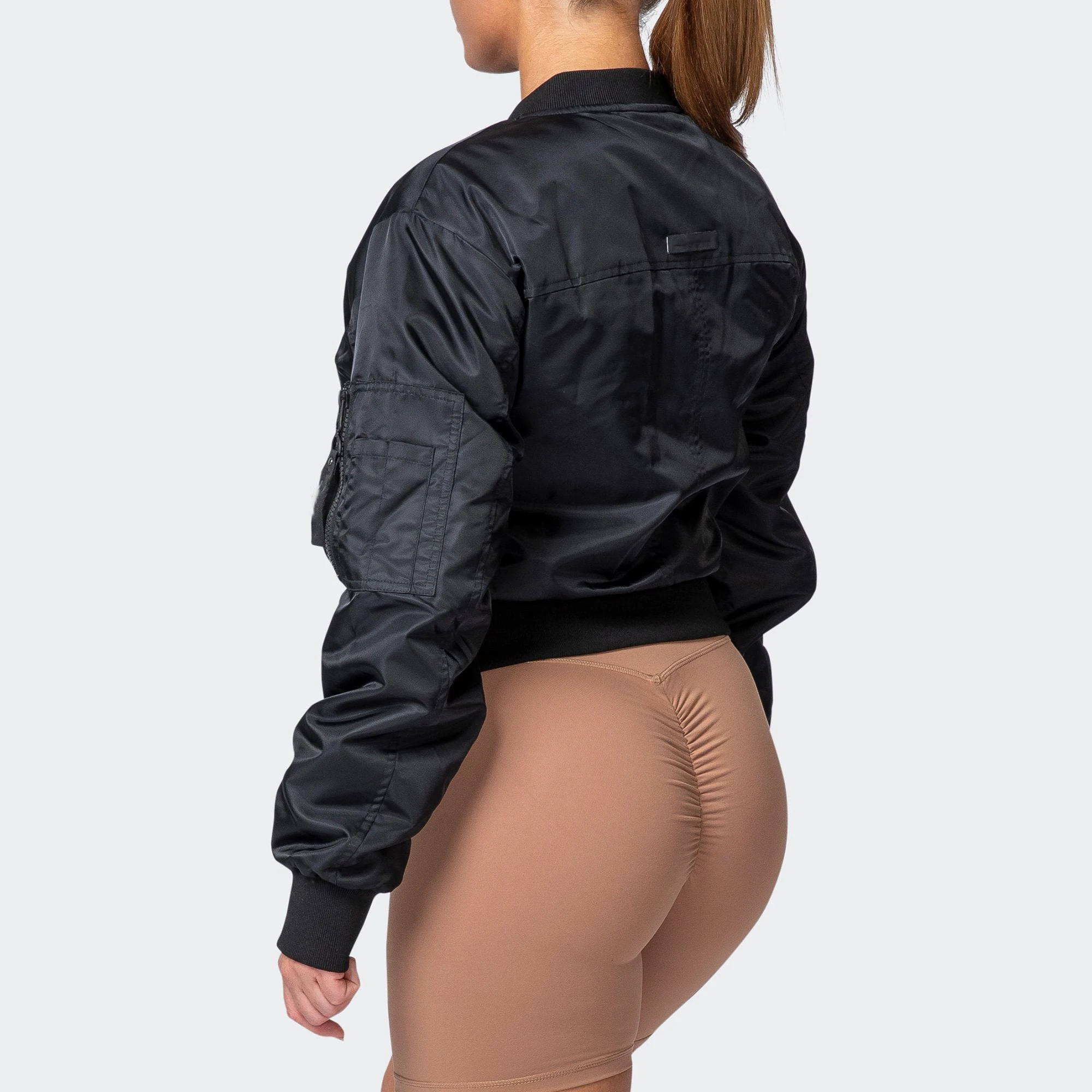 Custom Center Front Zipper Water Resistant Exterior Crop Length Women Bomber Jacket