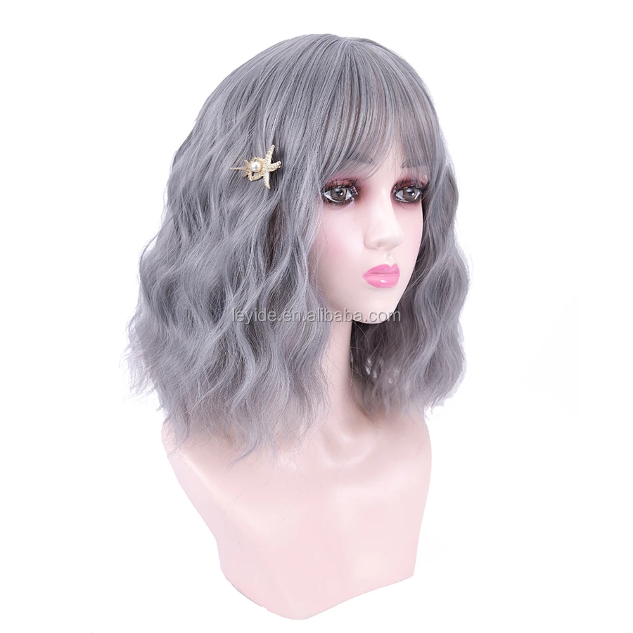 AliLeader Ombre Colored Synthetic Full Hair Natural Looking Shoulder Length Wavy Wig Short Wavy Bob Wig With Bangs for Girls