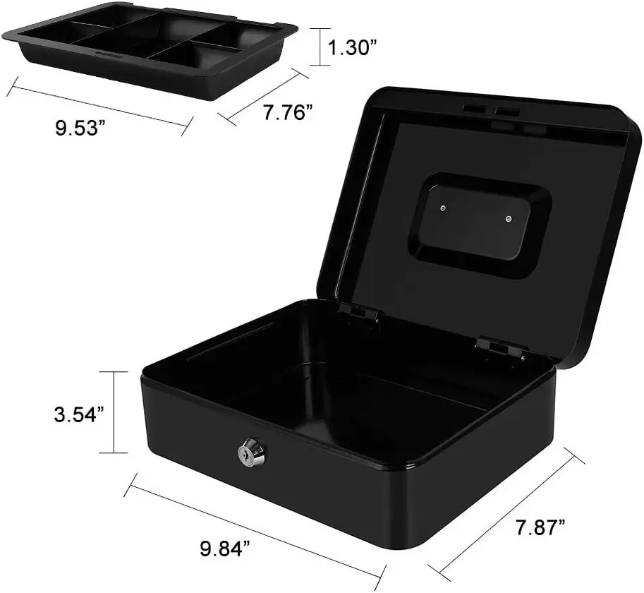 25cm Medium Size Metal Cash & Money Organizer Cosmetology Storage with Removable Tray for Savings & Safe Box for Coins & Bills