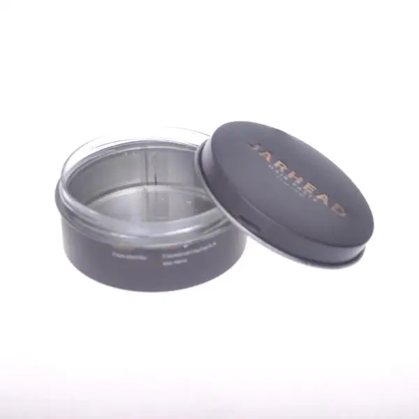 Round matte black wax pomade tin can with plastic container