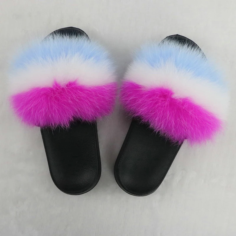 2021 Latest Fashion Luxury Ladies Colorful Flat Design Fluffy Sandals Trendy Branded Kids Raccoon Fur Slides