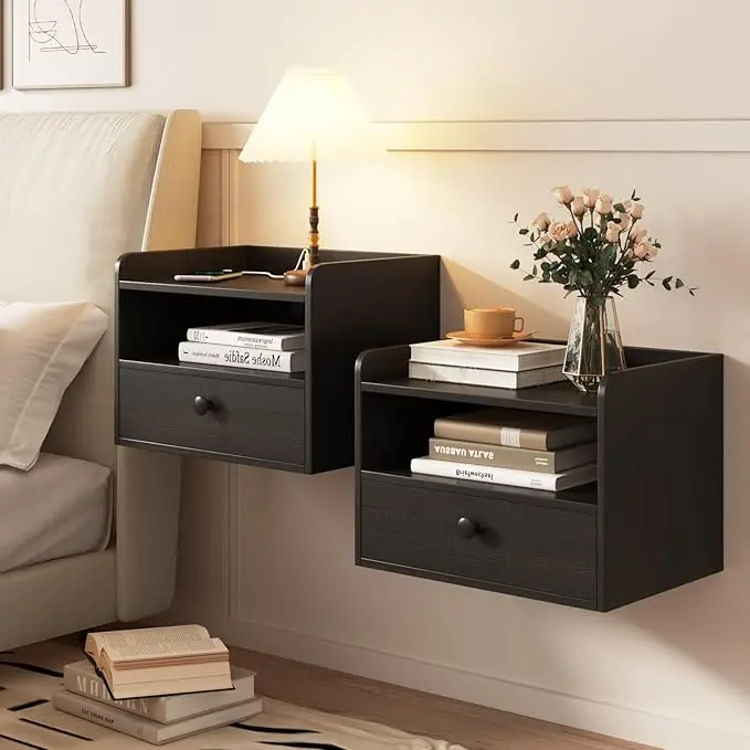 2-Piece Black Floating Modern Wooden Bedside Table Set Wall-Mounted with Charging Station Drawer and Small Socket for Bedroom