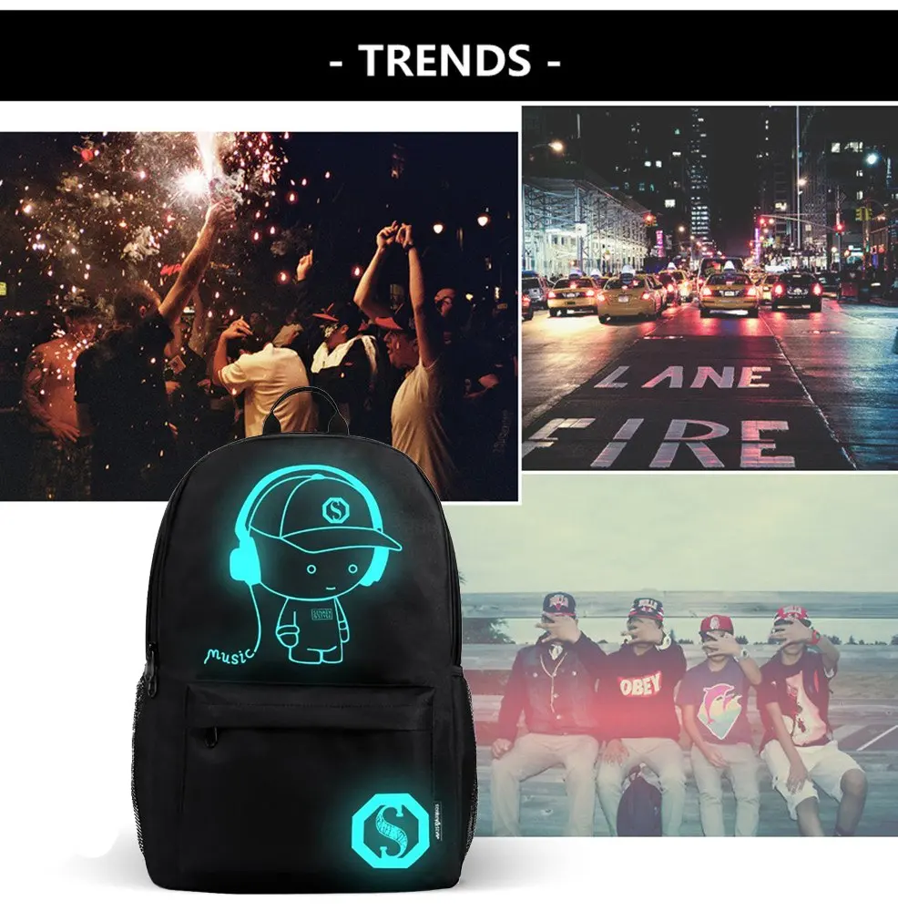 reflective  Back Pack Cartoon Luminous Travel Backpack School Bag with USB Charging Port and Anti-theft Lock