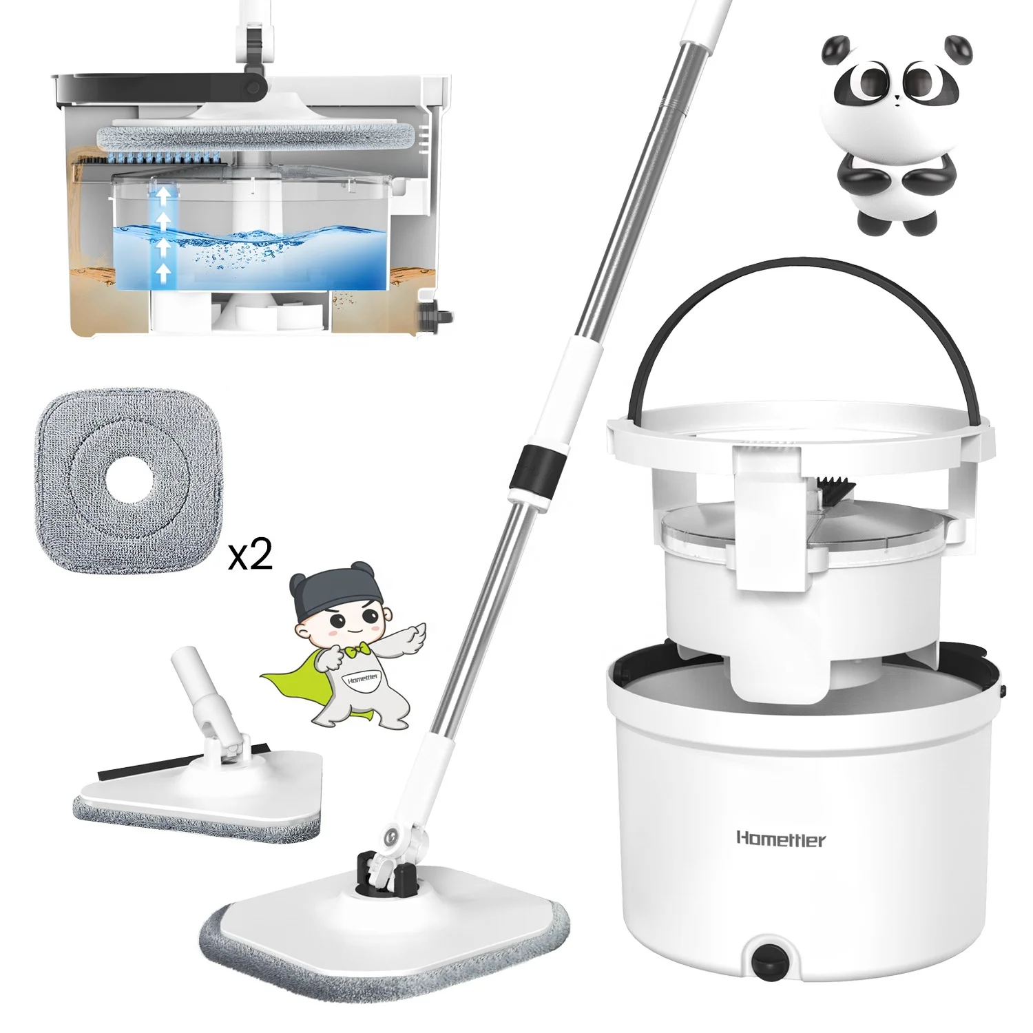 Homettler Patented Cleaning Spin Mop Bucket Set Hot-selling Clean Water & Dirty Water Separated Flat Mop