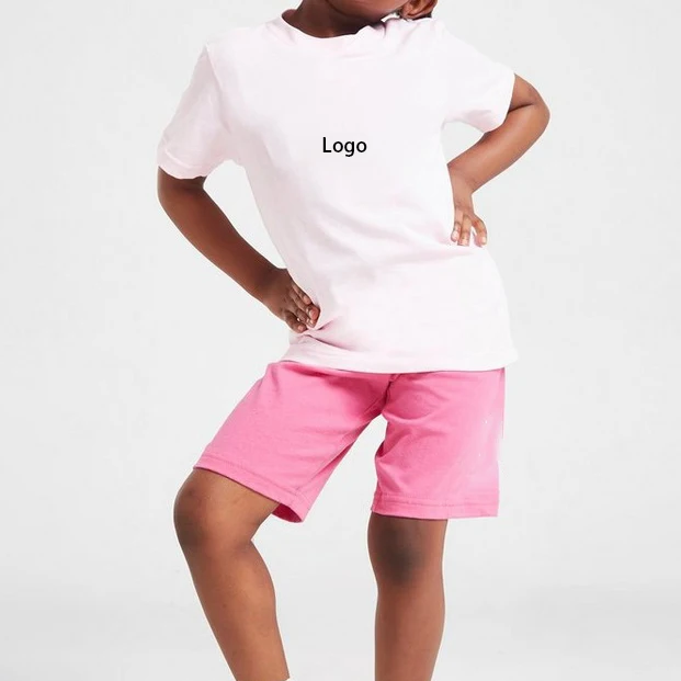 Custom Sport Sheer Pink Short Sleeve 100% Cotton Girls Sports T-Shirt and Shorts Set for Kids