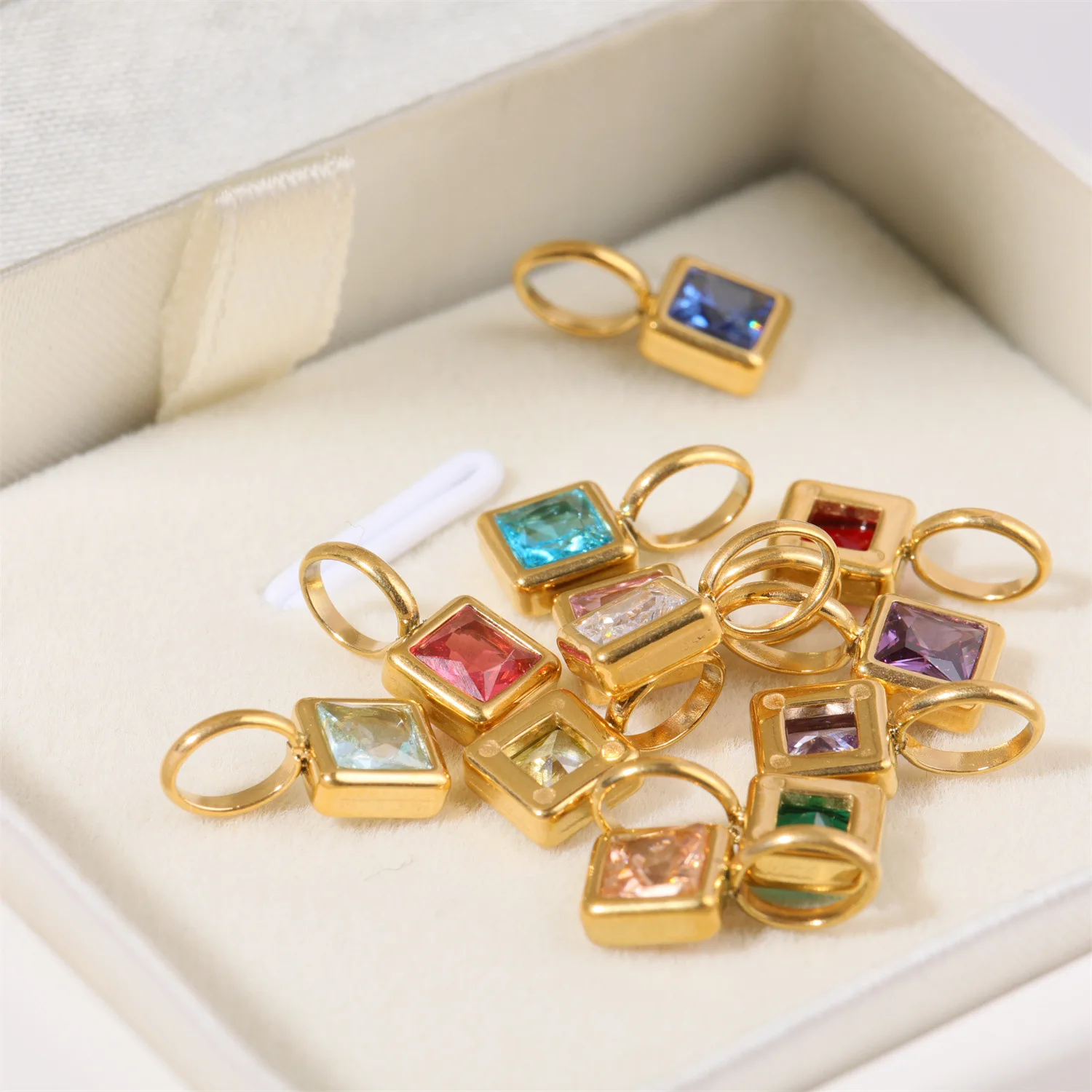 DIY Stainless Steel Necklace Colorful Square Red Cubic Zircon CZ Stone Birthstone Charms Necklace Jewelry