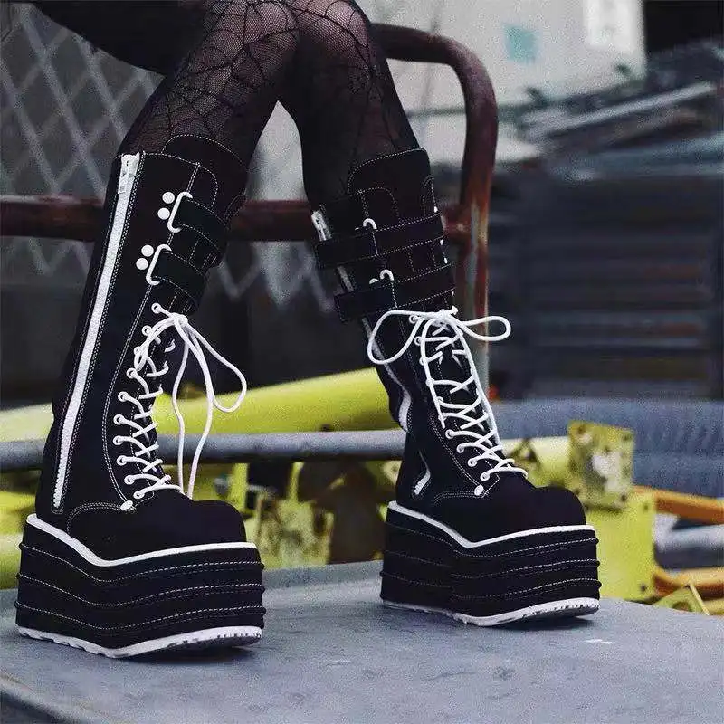 big size Fashion Women Chunky Sexy Platform Knee High Boots High Heel Round-Toe Zip Punk Goth Mid Calf Boots