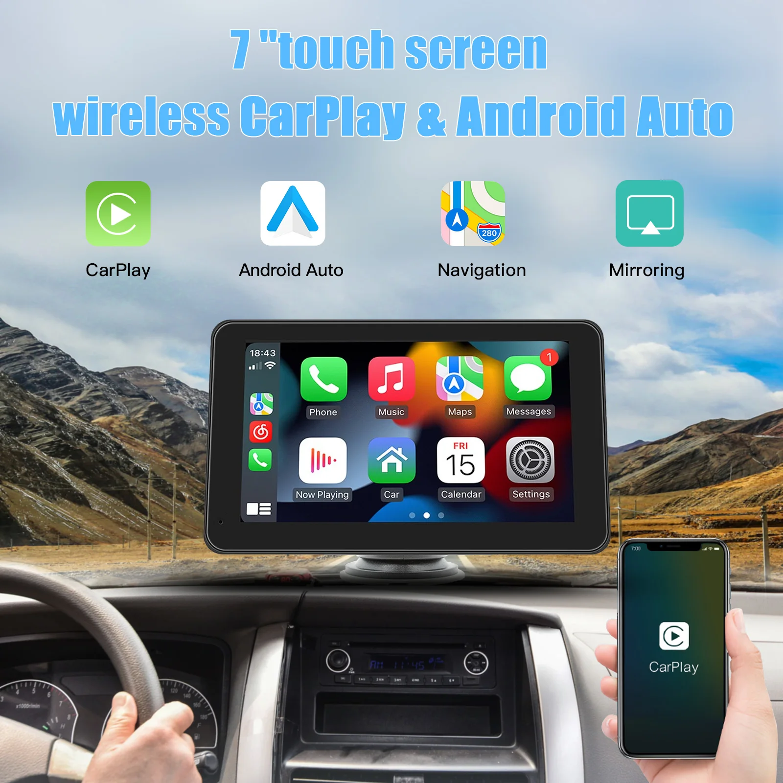 Hippcron CarPlay Android Auto Car Radio Multimedia Video Player 7inch Portable Touch Screen With USB AUX For Rear View Camera