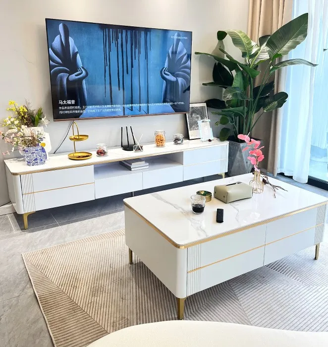 Factory high gloss marble tv table modern luxury tv stands and console for living room media centre