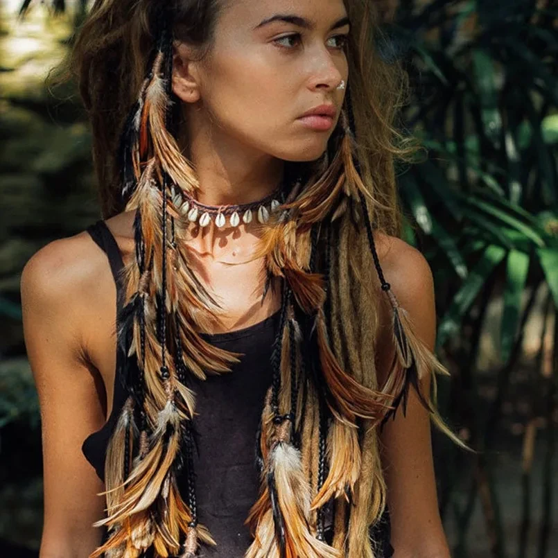Factory Wholesale Boho Feather Headpiece Headband Braided Hairband Gypsy Indian Feather Headdress